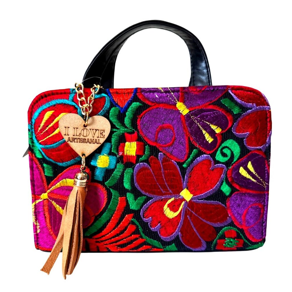 Mexican Artisanal Floral‎ Tapestry Embroidery Crossbody Handbag Vegan Leather OS